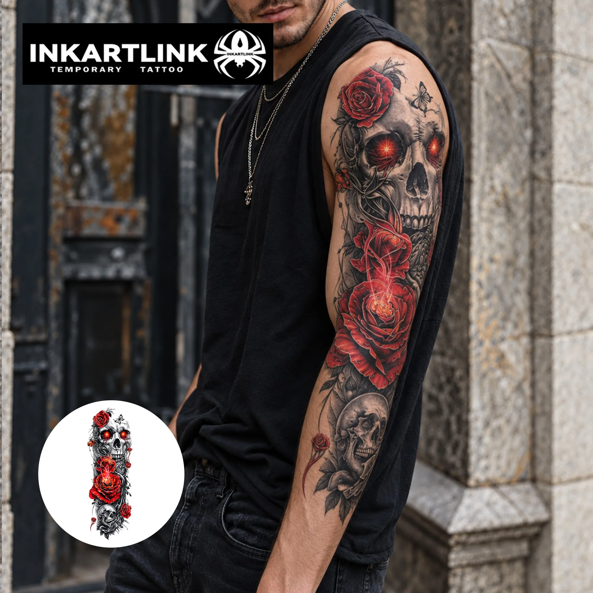 INKARTLINK 1PC Herbal Red Rose Skull Tattoo Lasts 2-5 Days, Unisex for Parties, Night Out & Dark Romance