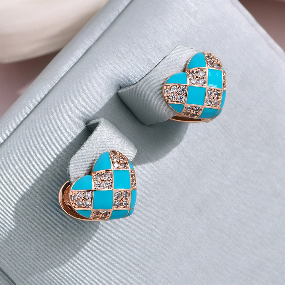 Catuni New Trendy Heart-Shaped Earrings Women's Blue Checkered Enamel Crystal Heart-Shaped Jewelry Sweet And Adorable Jewelry