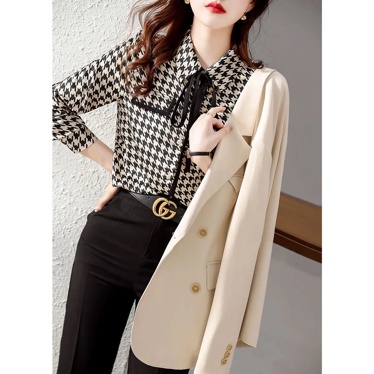 Houndstooth Single Breasted Blouses for Lady, Lacing Shirt, Korean Top, Elegant and Fashionable, Spring and Autumn, 2024 New