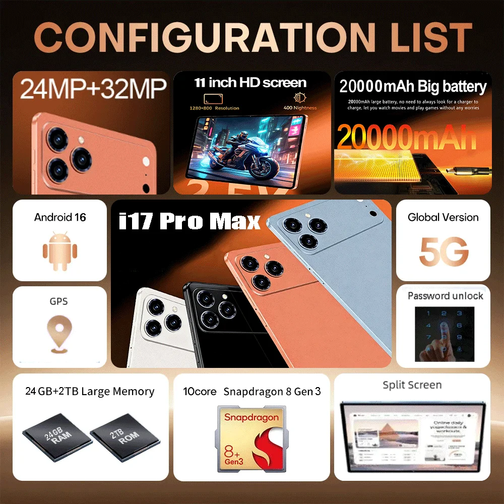 2026 NEW Pad 17 Pro Max Tablet PC 11inch 22GB+2TB Tablets Android 16 Snapdragon8Gen3 Tablette PC 20000mAh 5G Dual SIM Mini PC