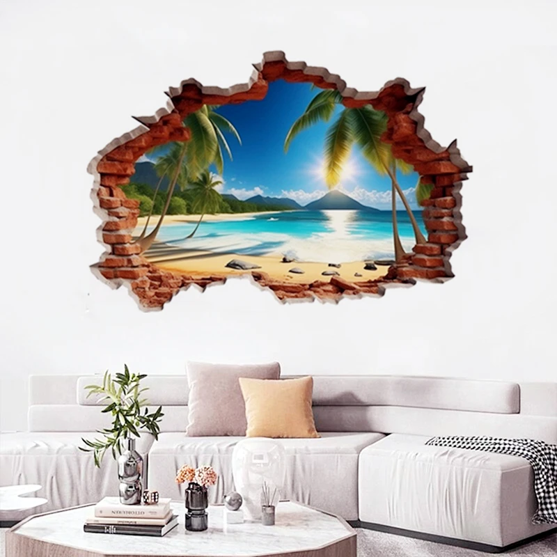 Sunshine Sea View Mural for Home Decoration Aesthetic Rooms Wall Hole Art Blue Water Beach Coconut Trees Vinyl Poster Stickers