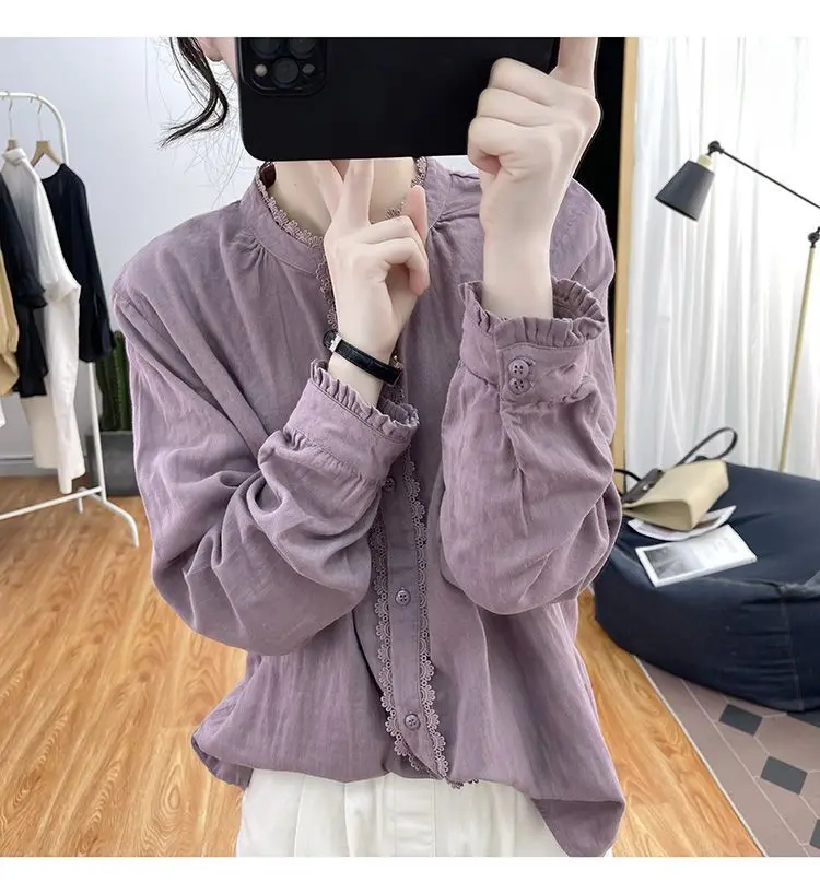 2023 New Spring and Autumn Vintage Standing Collar Ruffle Sleeve Lace Panel Button Commuter Casual Solid Color Women\'s Shirt