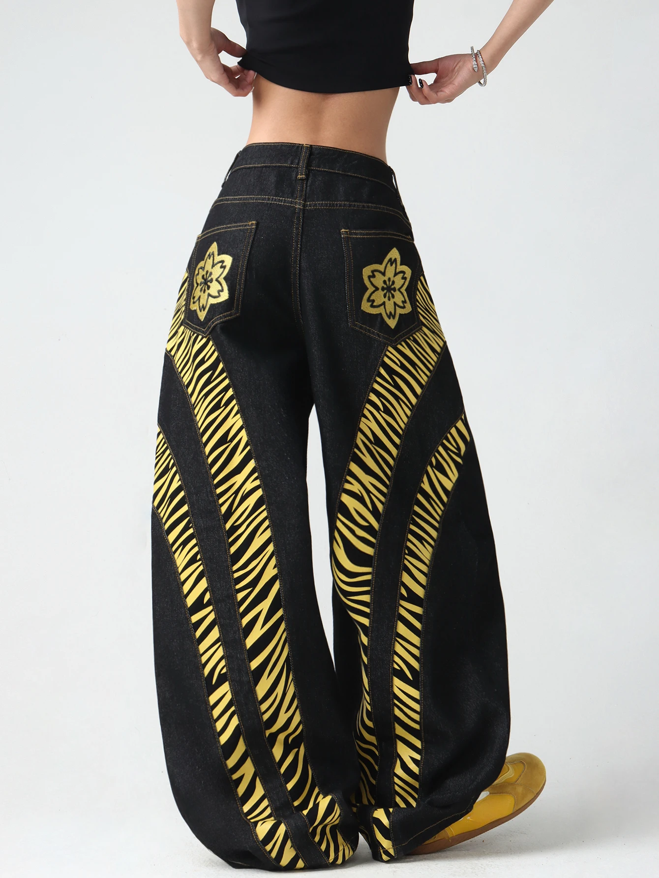 1 Pc American Vintage Deconstructed Patchwork Striped Print Loose Women's Jeans, Street Hip-Hop Trendy Black Wide-Leg Pants