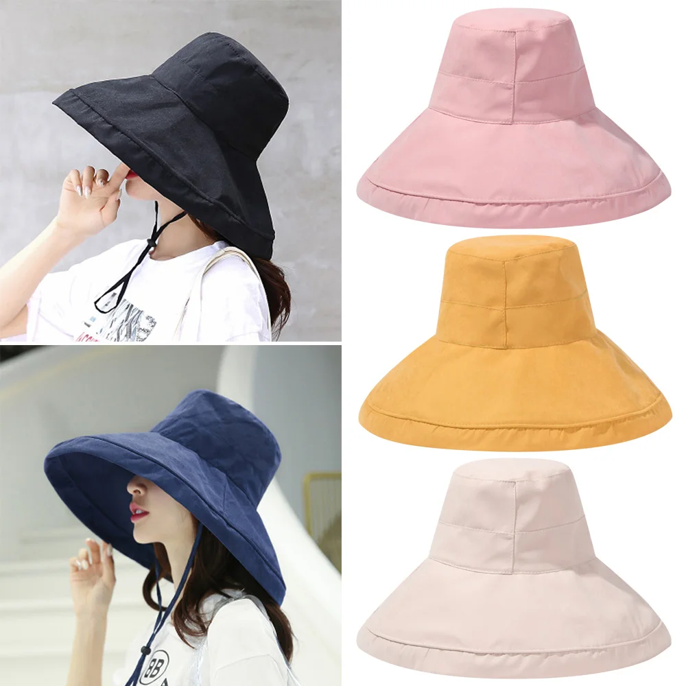 1PC Summer Big Brim Sun Hat For Female Seaside Sun Protection UV Beach Cap Japanese Wild Fisherman Hat with Windproof Rope Gifts