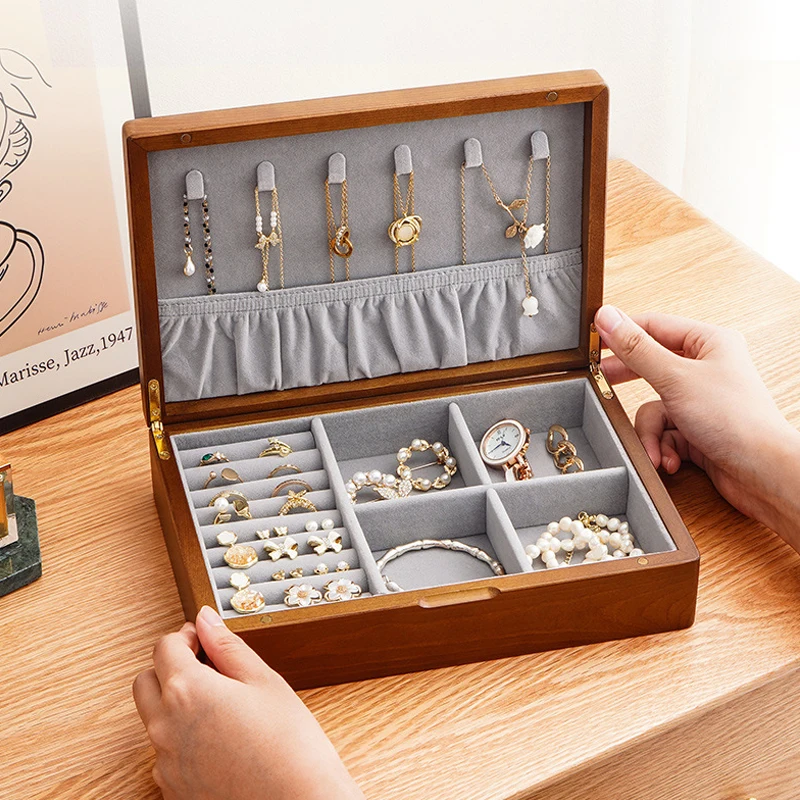 

Solid Wooden Jewelry Box Rings Earrings Necklaces Display Case with Lid Vintage Jewelry Organizer Box for Women