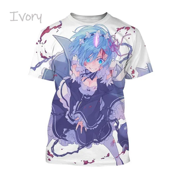 New Re:Zero Rem 3D Printed T-Shirt Personality Trend Anime Short Sleeve Fashion Classic Anime Unisex Street Top