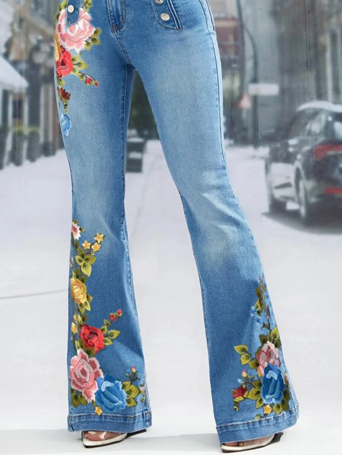 Plus Size Women Jeans Plain Button Decor Flare Leg Long Denim Pants Floral Embroidery Female High Waist Button Wide Leg Jeans