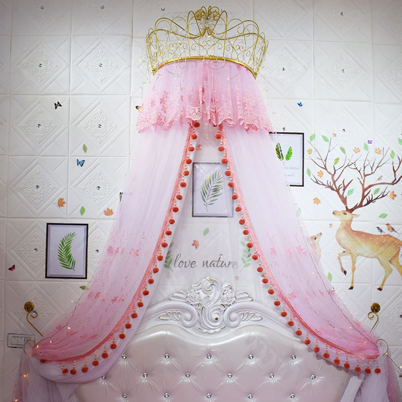 Bed Curtain Princess Wind Mosquito Net Korean Bed Curtain Integrated Pink Wedding Crown Rack Floor Curtain Creel Bedside Curtain