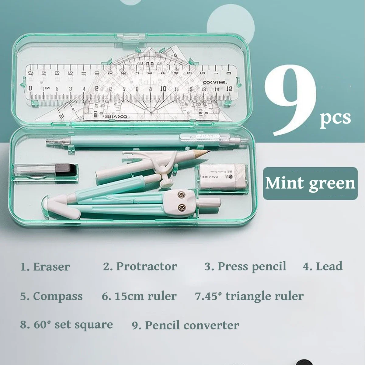 Kawaii 9pcs Ruler Set for Exams Geometry Compass Straight Edge & Protractor Portable Math Drawing Tools Stationery Supplies