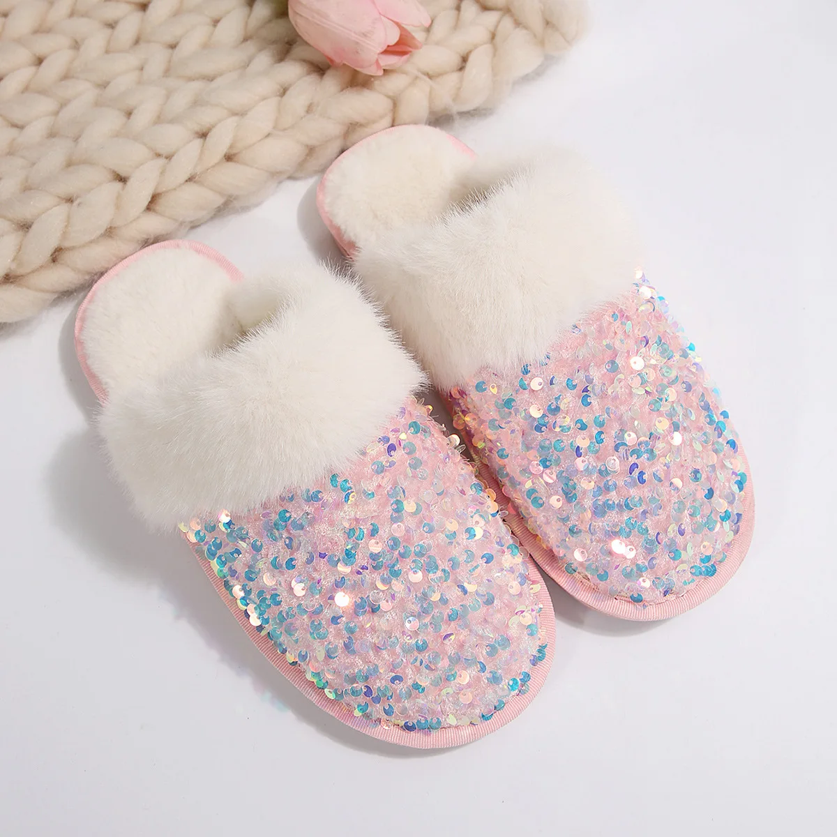 2024 Winter New Wool Slippers Women's Round Toe Sequins European and American Fashion Wear Toe Slippers in Stock