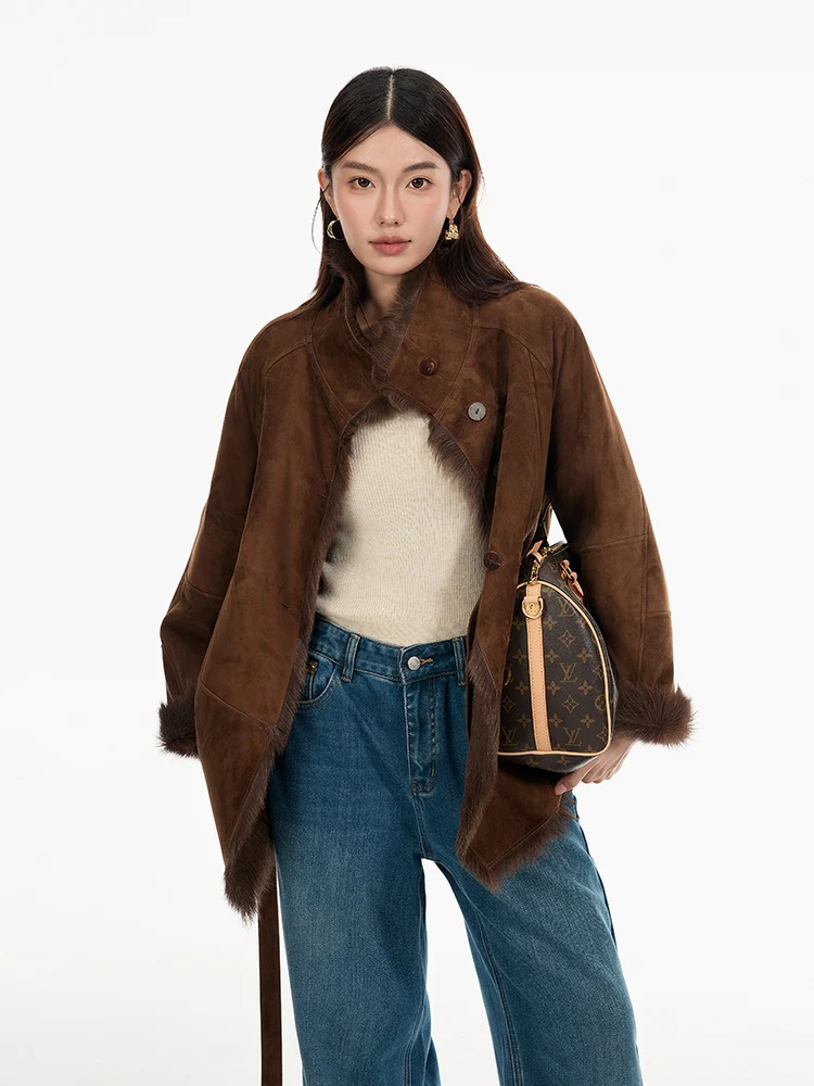 Luksusowe kurtki damskie zamszowe z owczej skóry Toskania, eleganckie, ze stójką, średniej długości, z prawdziwej skóry naturalnej z futrem i paskiem.