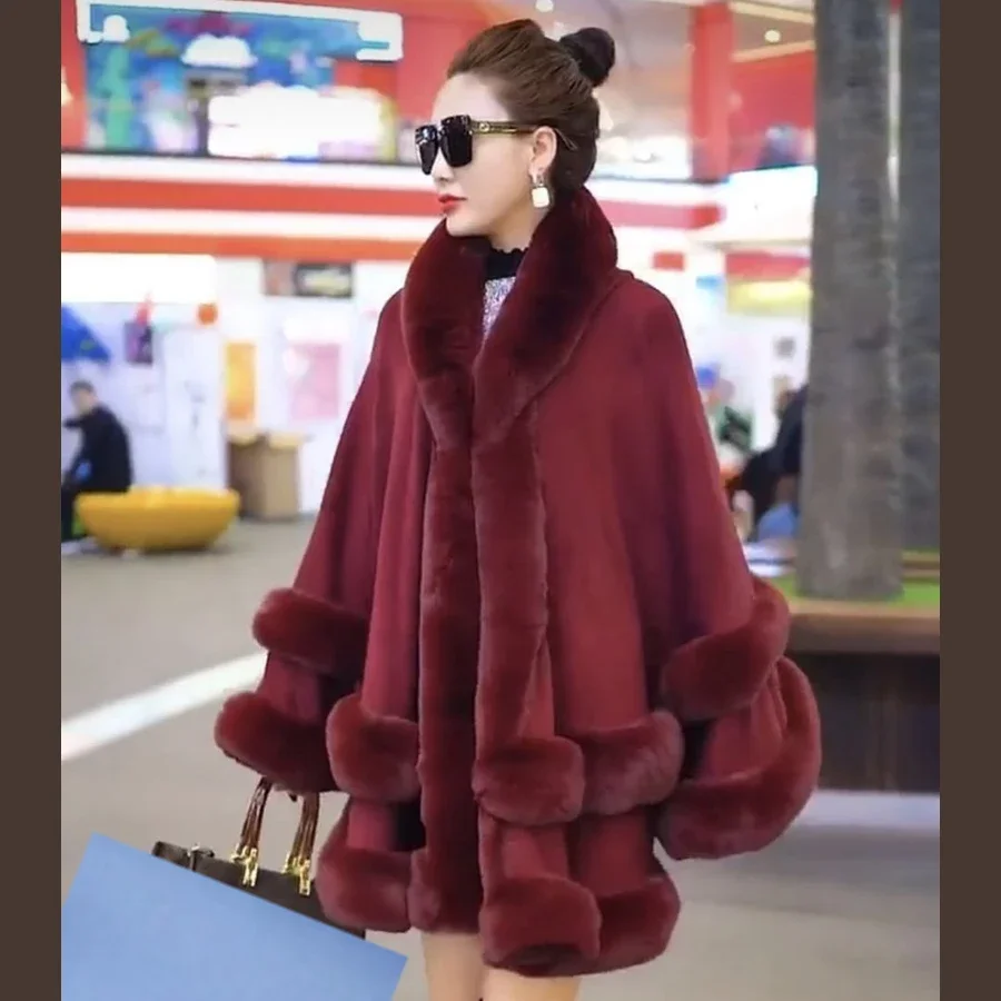 Double Layer Luxury Imitated Rex Rabbit Fur Cape Coat Hooded Shawl Winter Women Knit Poncho Overcoat Faux Fur Wraps Big B454