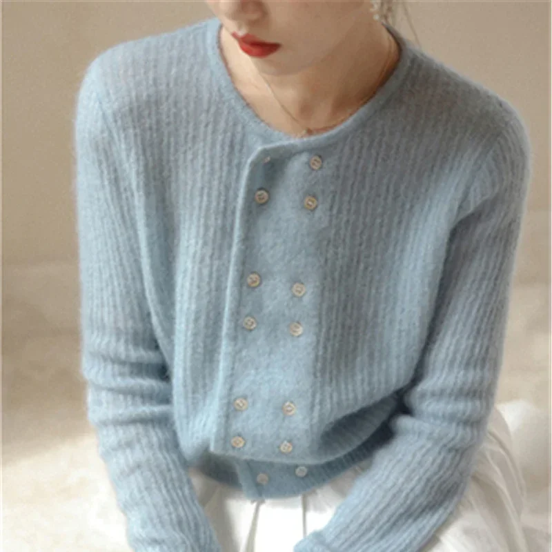 Double Breasted Knitted Cardigans Blue Women Tops Casual O-Neck Sweaters French Autumn Winter Soft Loose Outerwear