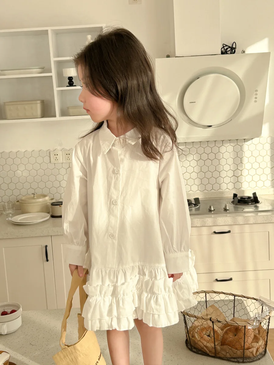 Girls Shirt Dress 2024 New Fashionable Korean Style Spring and Summer Lapel Long Sleeve Princess Solid Color Casual Sweet Dress