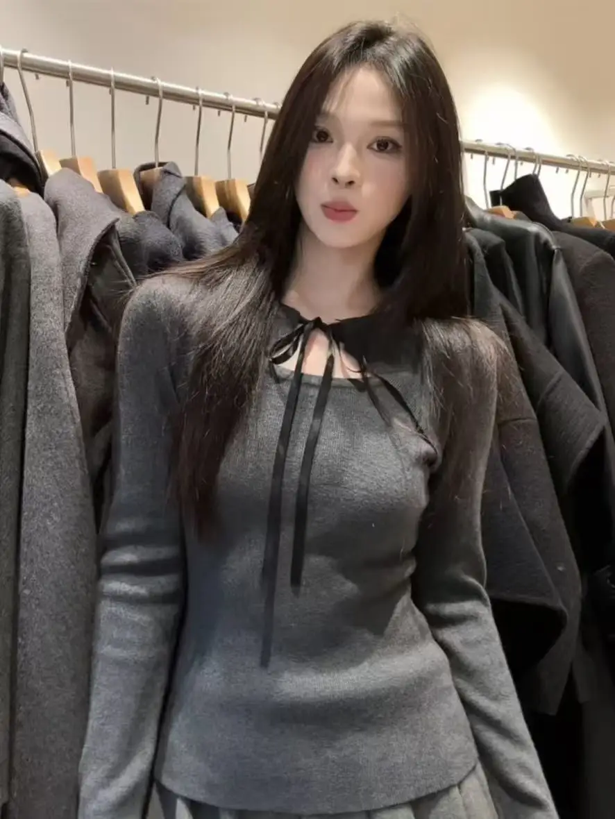 

Faionable Long Sve вязаный свитер, женский осенне-зимний облегающий свитер с узлом, универсальный утягивающий топ