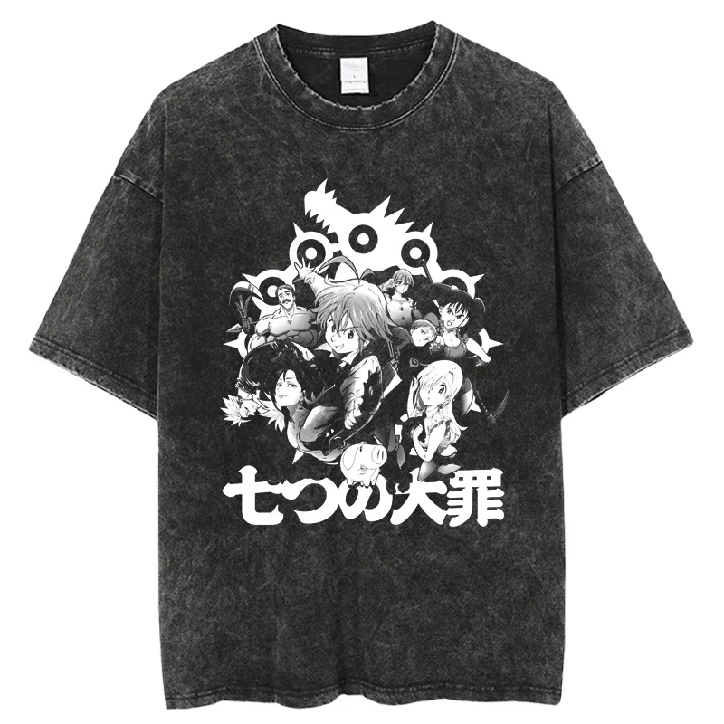 The Evevn Deadly Sins Anime T Shirt Men Vintage Washed T Shirts for Men Hip Hop Harajuku