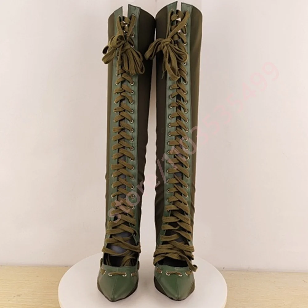 أشار تو الدانتيل متابعة مثير المرأة أحذية عالية في الركبة 2025 الخريف الرجعية المدرج خنجر الأحذية الأخضر/الرمادي حفلة حذاء طويل غير رسمي #6