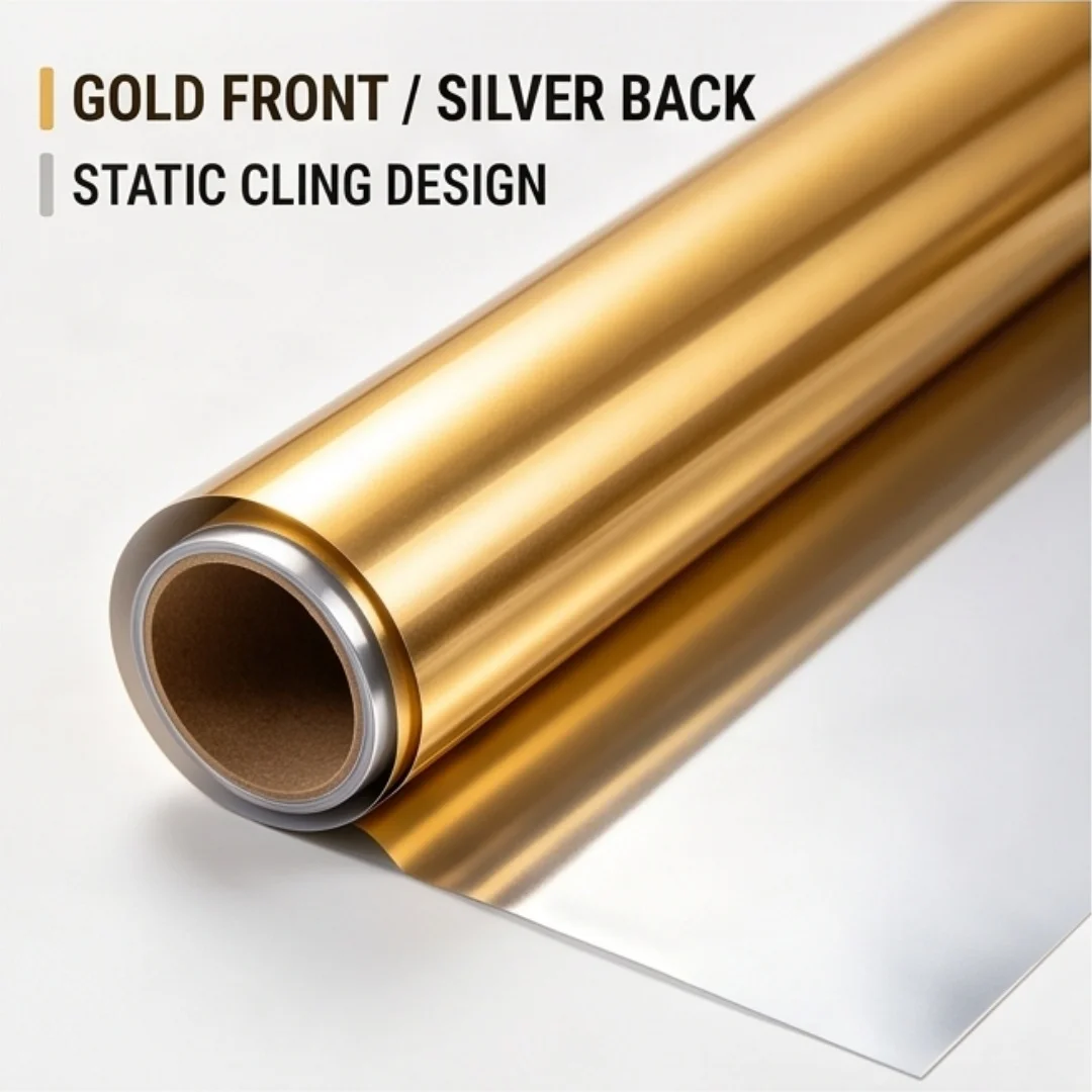 Static Cling Window Film Gold‑Silver One Way Mirror No Glue Heat Control Anti UV Privacy Glass Sticker Home Window Tint