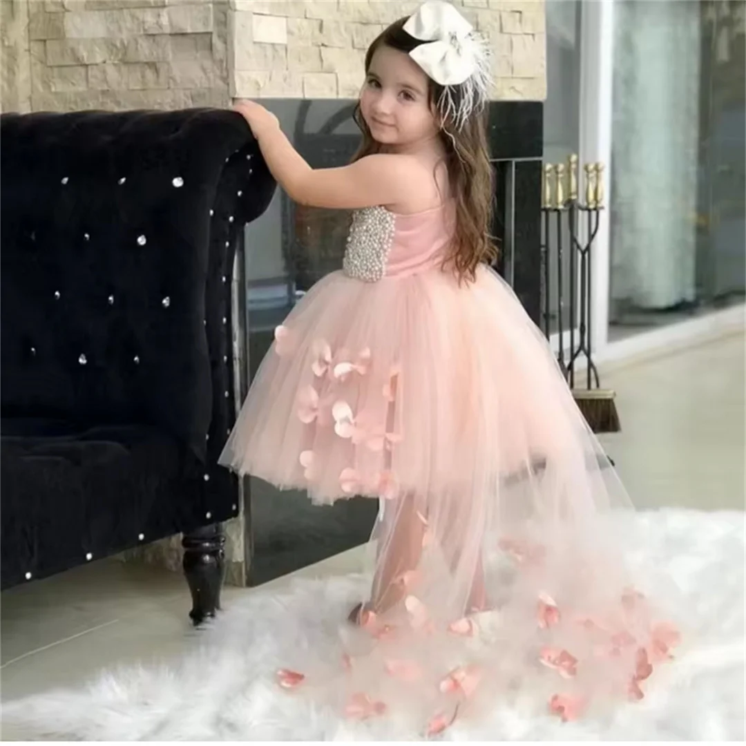 Customized Flower Girl Dress Blush Pearls Butterfly With Trailing Sleeveless For Wedding Birthday Party Holy Communion Gown