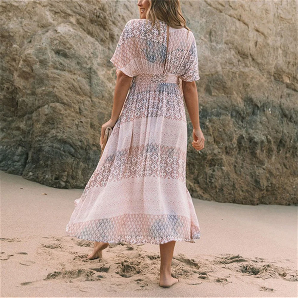 2022 luźna sukienka Boho Maxi w stylu etnicznym drukowane strój kąpielowy Cover-up artystyczna sukienka szata Plage Kaftan długa sukienka stroje