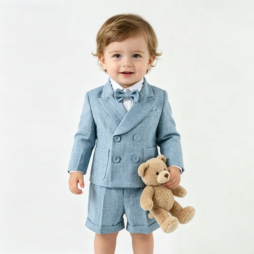 Boys Light Blue Linen Suit 3Pcs Double Breasted Blazer Suspender Shorts Bow Tie Toddler Wedding Birthday Formal Gentleman Outfit