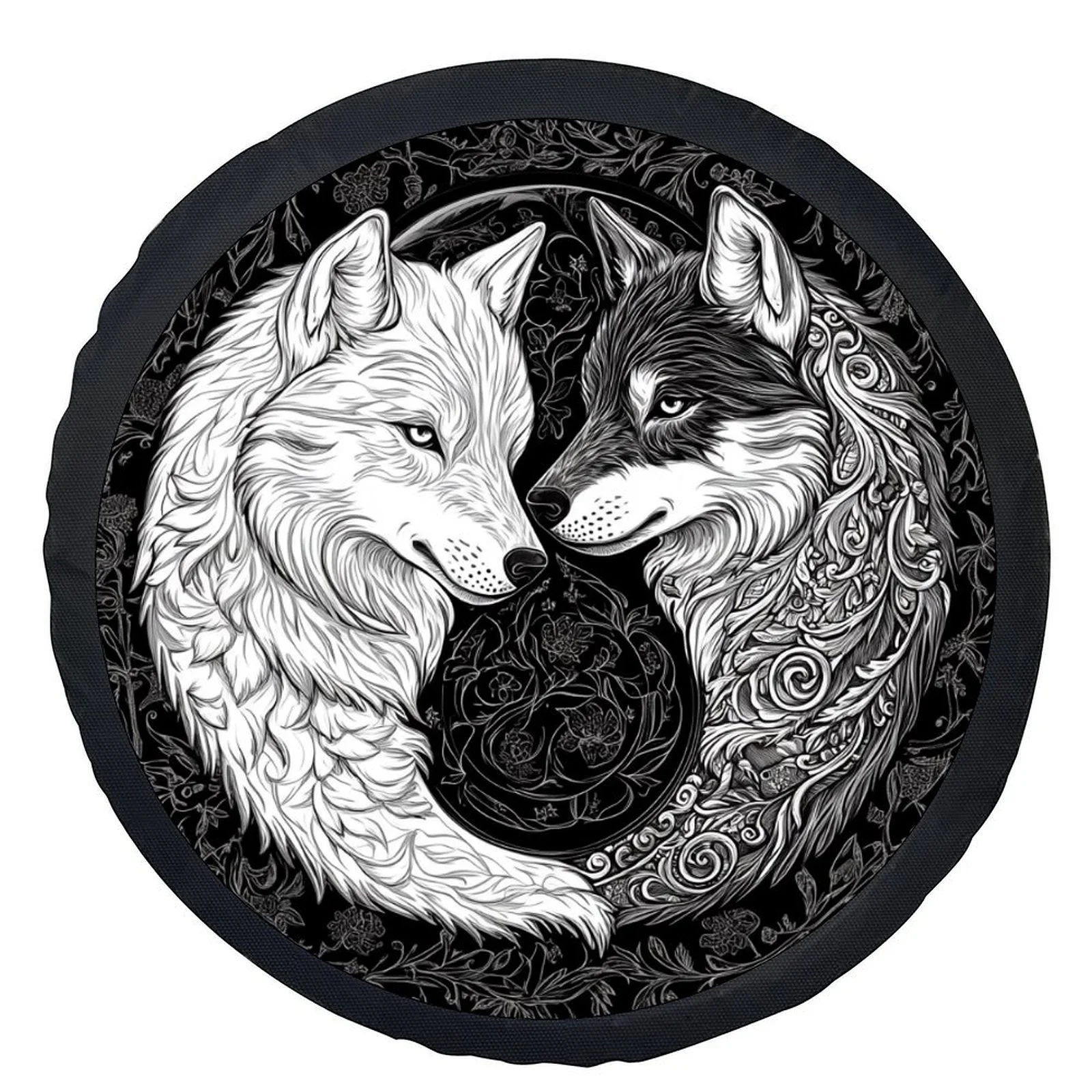 Wolf Yin Yang Tire Cover Wheel - Fit For Cars, Black/White/Gray Wheel Hub Caps - Chinese Martial Rts Inspired Design With Yin-Ya