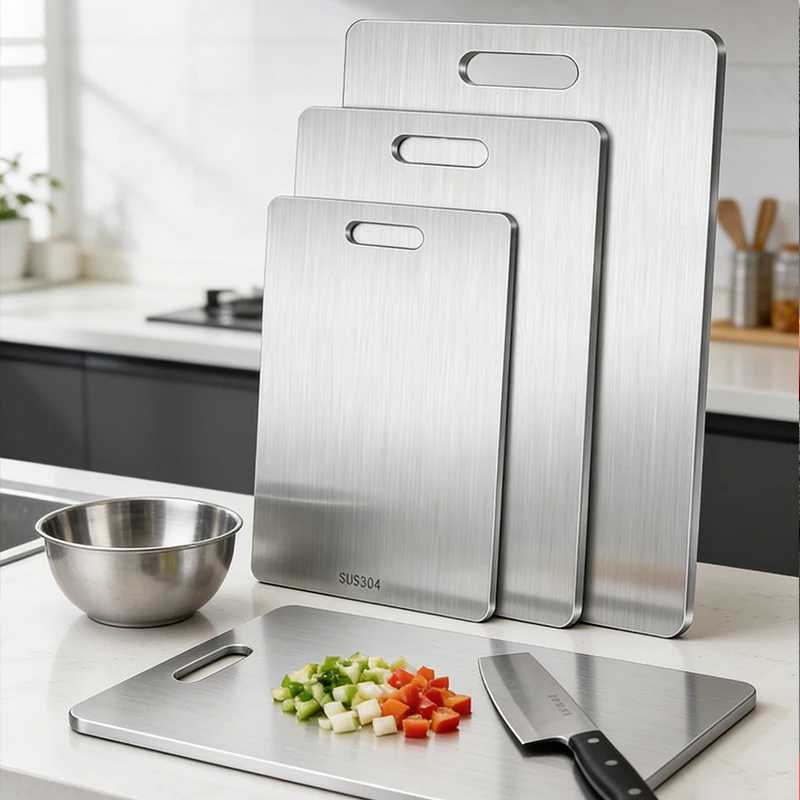 Tábua de corte de aço inoxidável de qualidade alimentar, tábua de cortar de cozinha antiderrapante para carne e vegetais, utensílios de cozinha