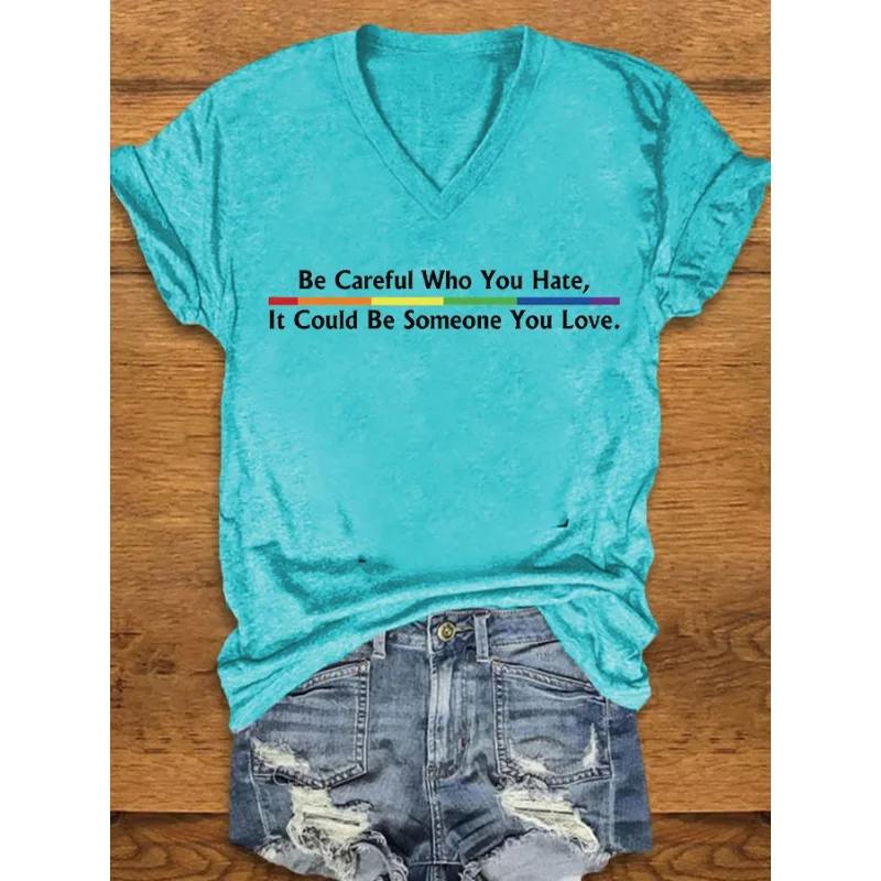 Women's Summer Casual V-Neck Short Sleeve T-Shirt Pride Print Top