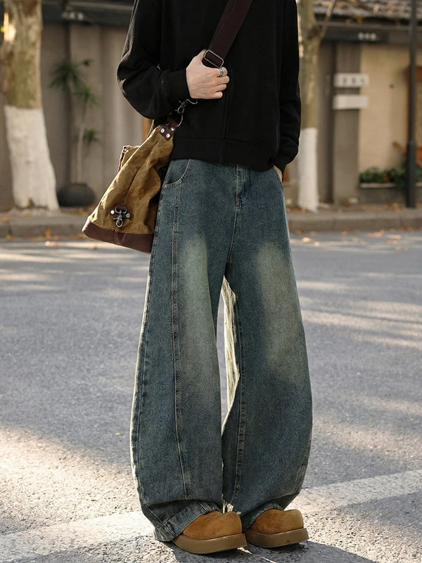 

American Style High Street Wide Leg Jeans Men Winter Retro Loose Thick Long Pants Big Size Casual Straight Leg Trousers