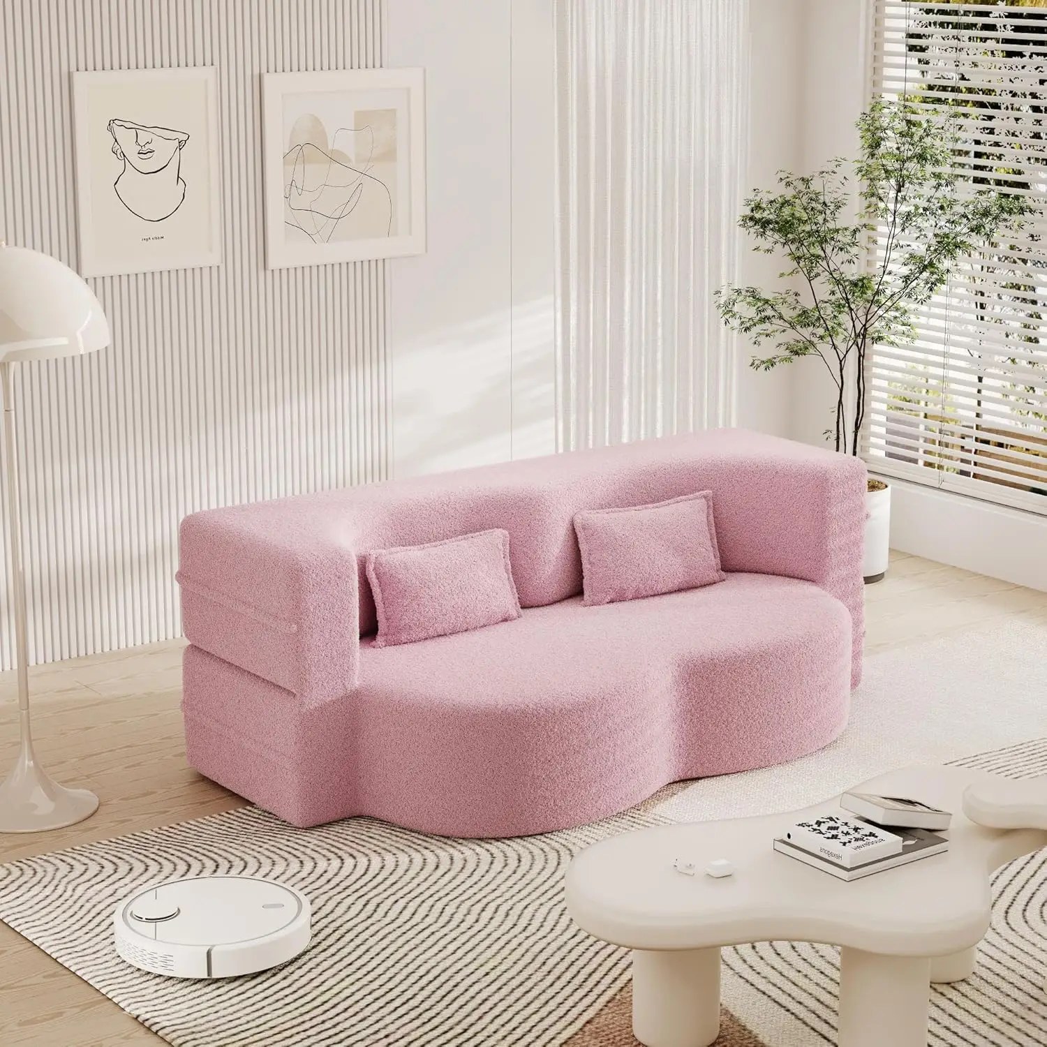 Modern Floor Sofa with 2 Pillows, Convertible Teddy Fabric Foam-Filled Sleeper Sofa Bed,