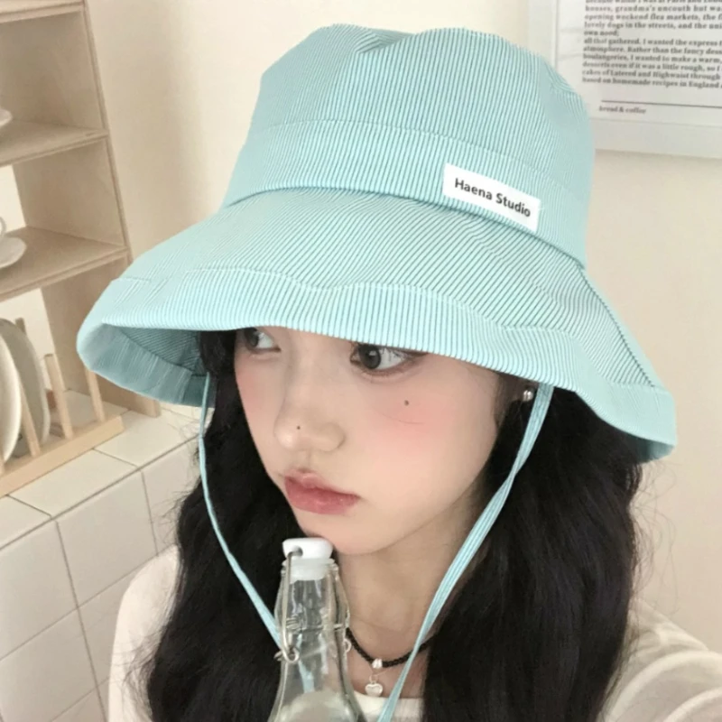 Ins Fresh Striped Strap Bucket Hat Spring and Summer New Korean Sweet Versatile Cute Candy Color College Style Women\'s Caps