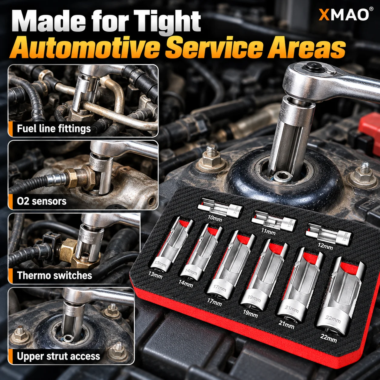 9PCS Fuel Line Socket Wrench Set 10-22mm Slotted Cr-V O2 Sensor Sockets 3/8in 1/2in Drive Automotive Service Repair Tool Kit