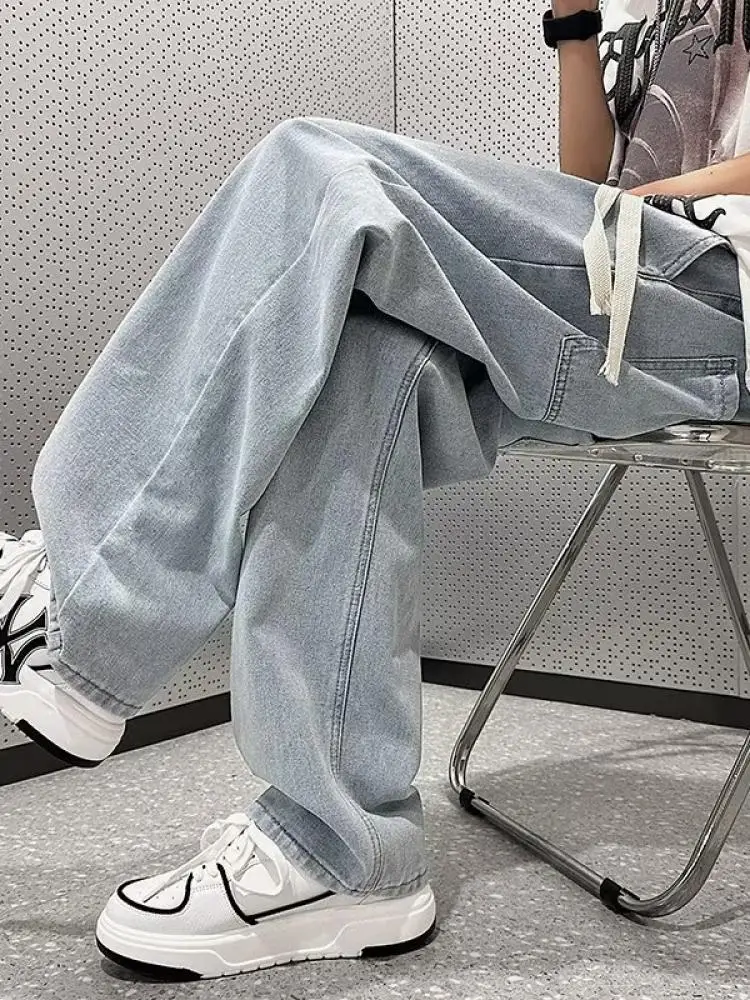 

Light Blue Men's Jeans Loose Wide Leg Straight Cut Comfortable Casual Wear All Seasons American Style mid Waist Jeans