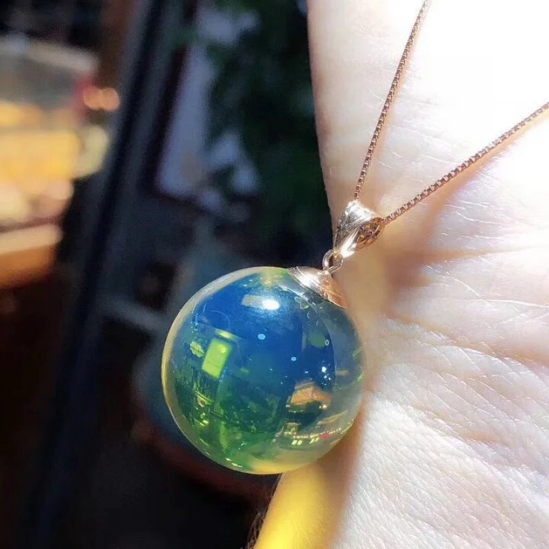 20mm Mexican Blue Amber Inlaid 18K Gold Pendant Versatile Purification Quality