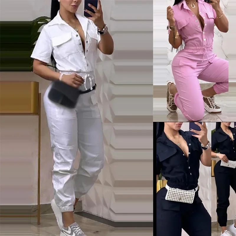 

2024 Women Solid Turn Down Collar Elastic Waist Drawstring Hidden Button Multi Pockets Short Sleeves Working Jumpsuit