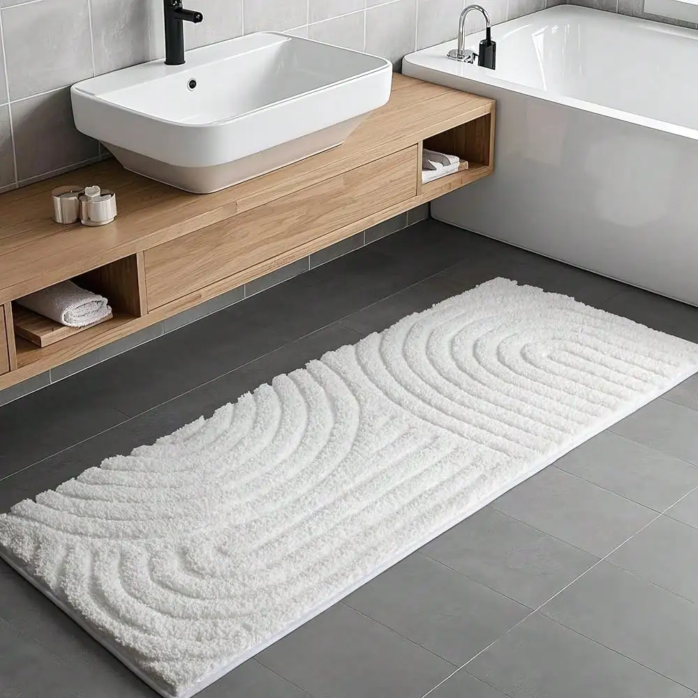 

Boho Decorative Textured Bathroom Rugs Runner, Mid Century Modern Extra Long Non-Slip Absorbent Soft Bath Mat, Organic M