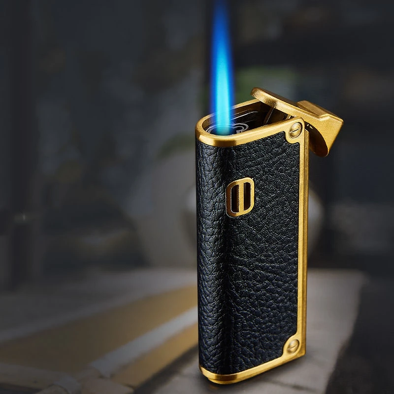 

Genuine Leather Cigar Punch Lighters Refillable Windproof Gentlemen Jet Flame Cigarette Torch Embossed Windproof Lighter
