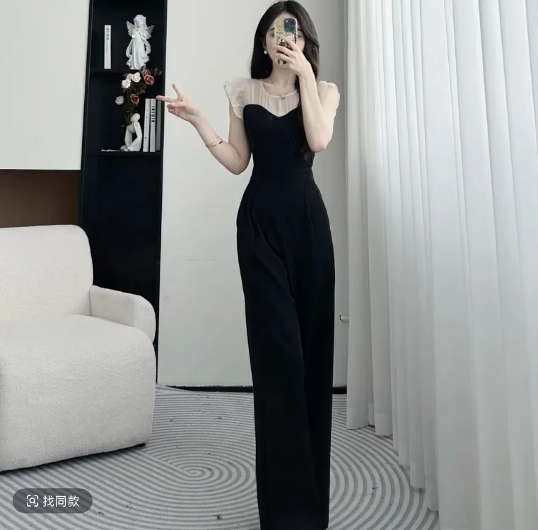 Nuevo Mono de gama alta de verano para mujer, elegante retales, cintura delgada, volantes, sin mangas, Color contrastante, pantalones de pierna ancha, peleles