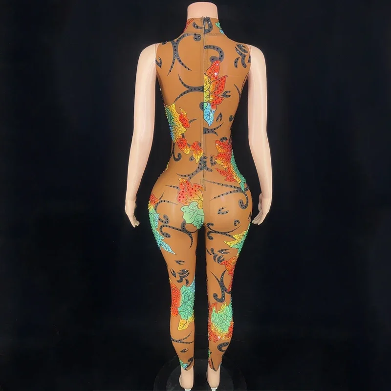 フルラインストーンプリントジャンプスーツノースリーブダイヤモンドゴーゴーダンサー衣装女性ジャズ衣装ステージショーフェスティバル服 XS6385