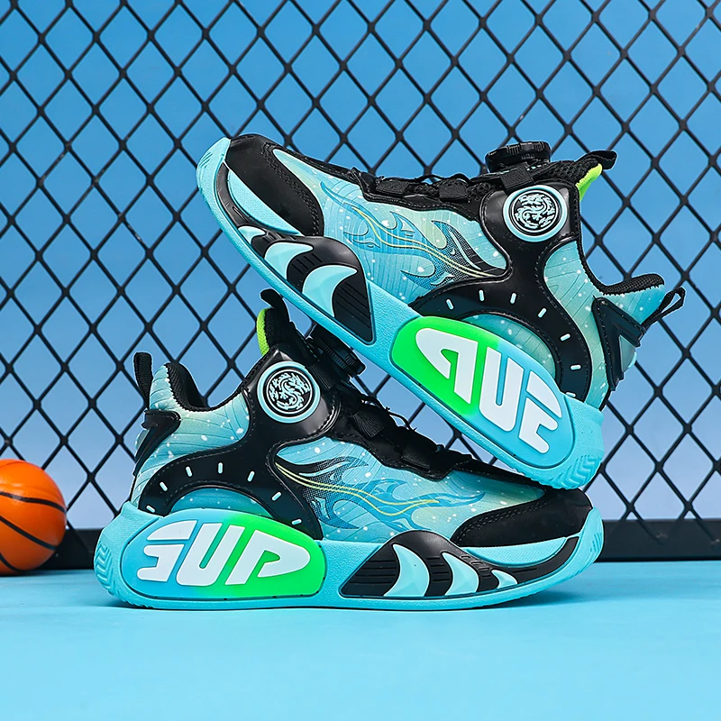 Kids Rotary Buckle Basketball Sneakers Breathable Upper Non‑Slip Shock‑Absorbing Sole Athletic Shoes For Boys Sports Daily Wear