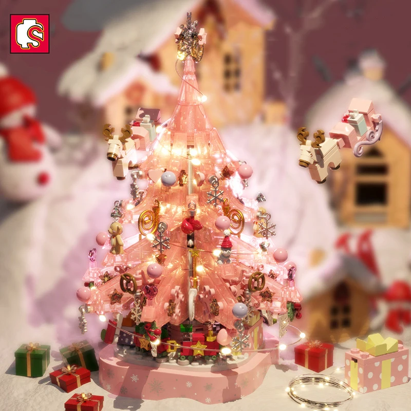 SEMBO New Pink Crystal Christmas Tree Building Blocks DIY Light Music Box Assembly Bricks Toys For Girls Friends Christmas Gifts