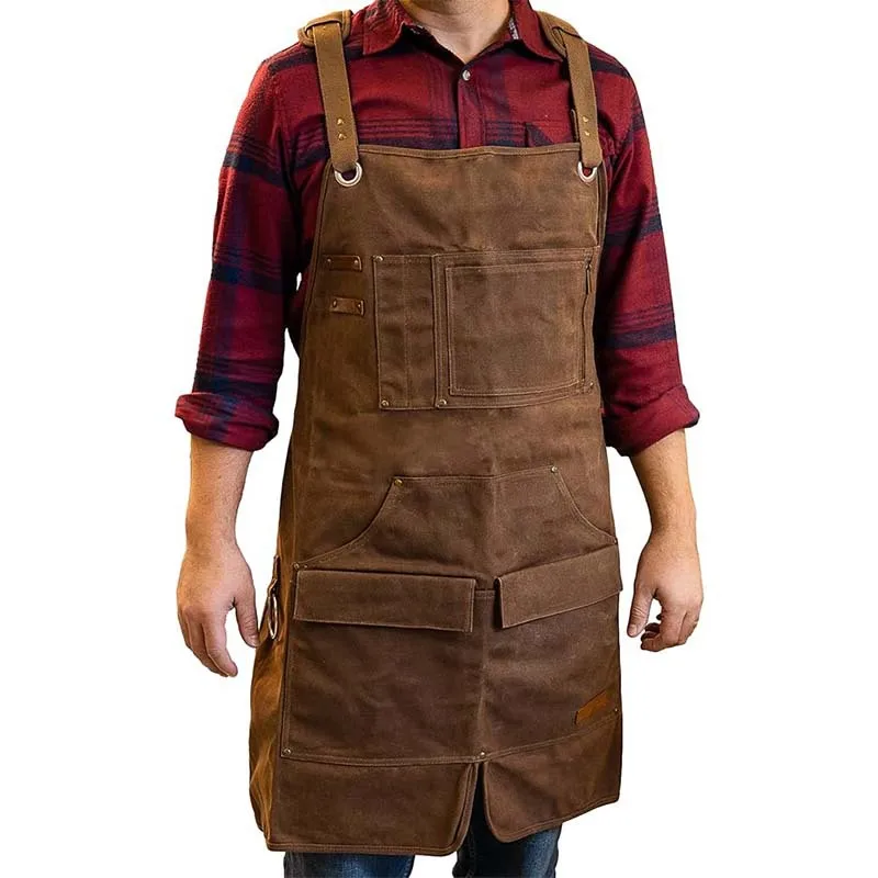 Waxed Heavy-duty Store Canvas Apron with Shoulder Protection for Garden Woodworking & Mechanic Tools, Adjustable Work Apron