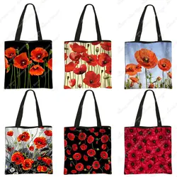 Beautiful Red Poppy Flower Print Shoulder Bag Women Casual Totes Canvas Handbag Larger Capacity Beach Shopping Bags Gift