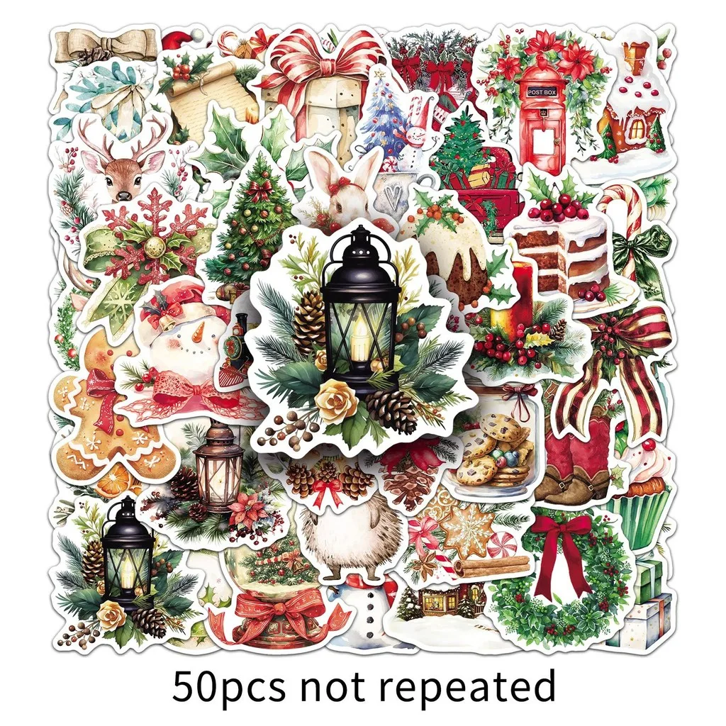 50 Pieces Vintage Watercolor Christmas Decorative Stickers Creative Holiday Christmas Decals for Journals DIY Anime Worlds Store