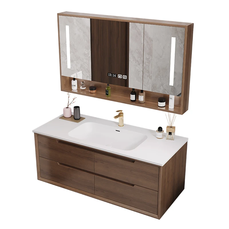 

The new Corian all-in-one basin modern minimalist walnut rubberwood lacquered bathroom cabinet
