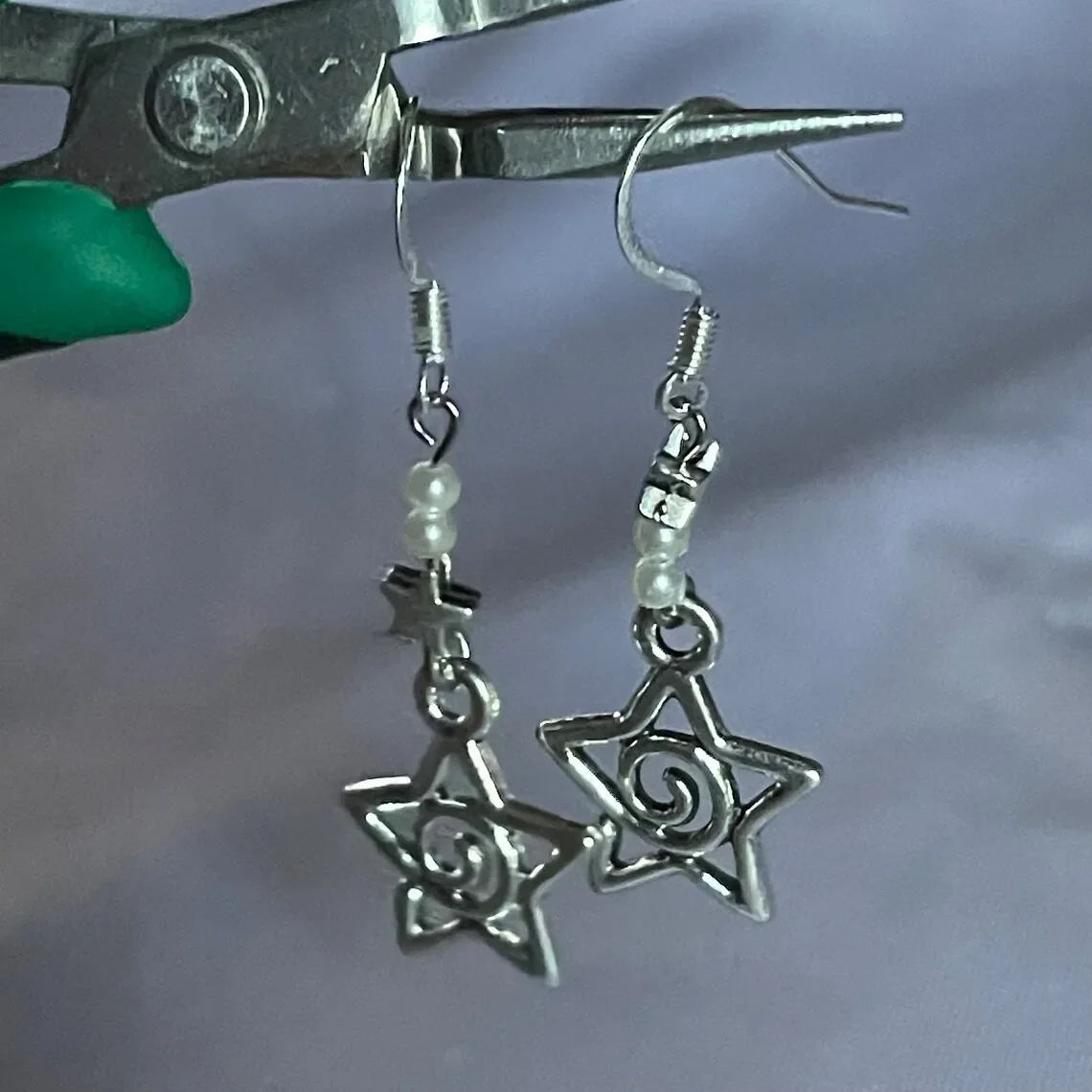 Faux Pearl Whimsy Goth Swirly Star Asymmetrical Earrings Silver Color Pair of Celestial  Witch Celestial Gift Friend Women Boho