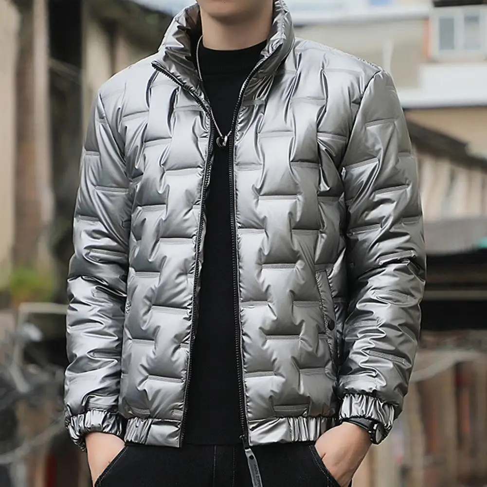 Zipper Placket Puffer Jacket Men's Winter Cotton Puffer Jacket with Stand Collar Zipper Placket Windproof Quilted Outwear