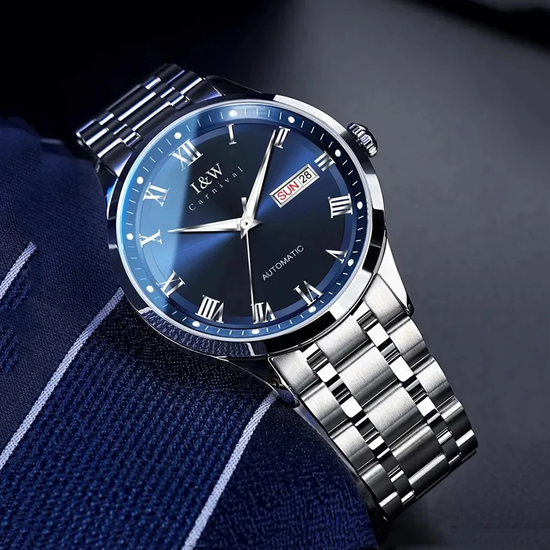 IW Wristwatches Silver Roman Time Blue Dial Automatic Mechanic Wrist Watch for Men Date Waterproof Sports Clock relogios