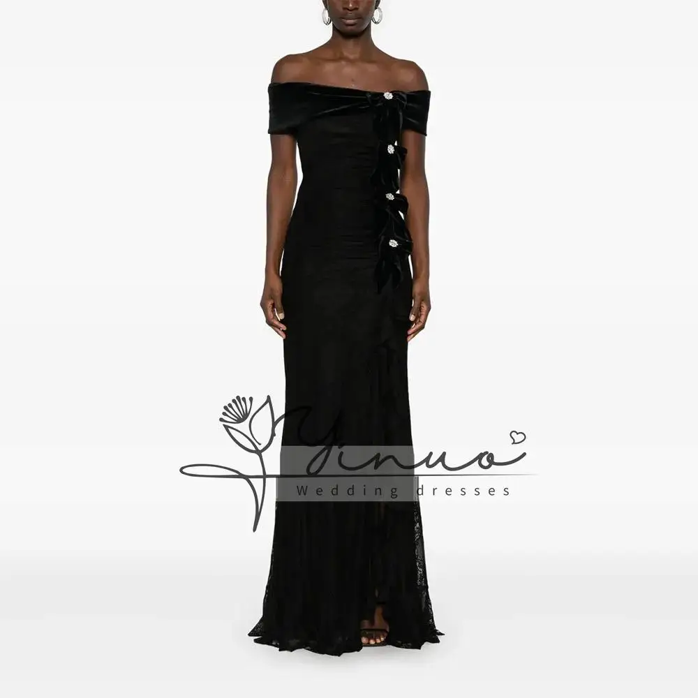

customized Modern Women's Evening Gown Mermaid Floor Length Formal Party Dress Off The Shoulder Saudi Dress Sleeveless Bow Prom