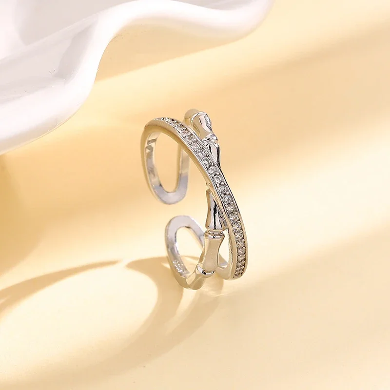 Chinese Style Bamboo Knot Shiny Zircon Light Luxury Opening Adjustable Rings for Women Fashion Jewelry Minimalist Accessories